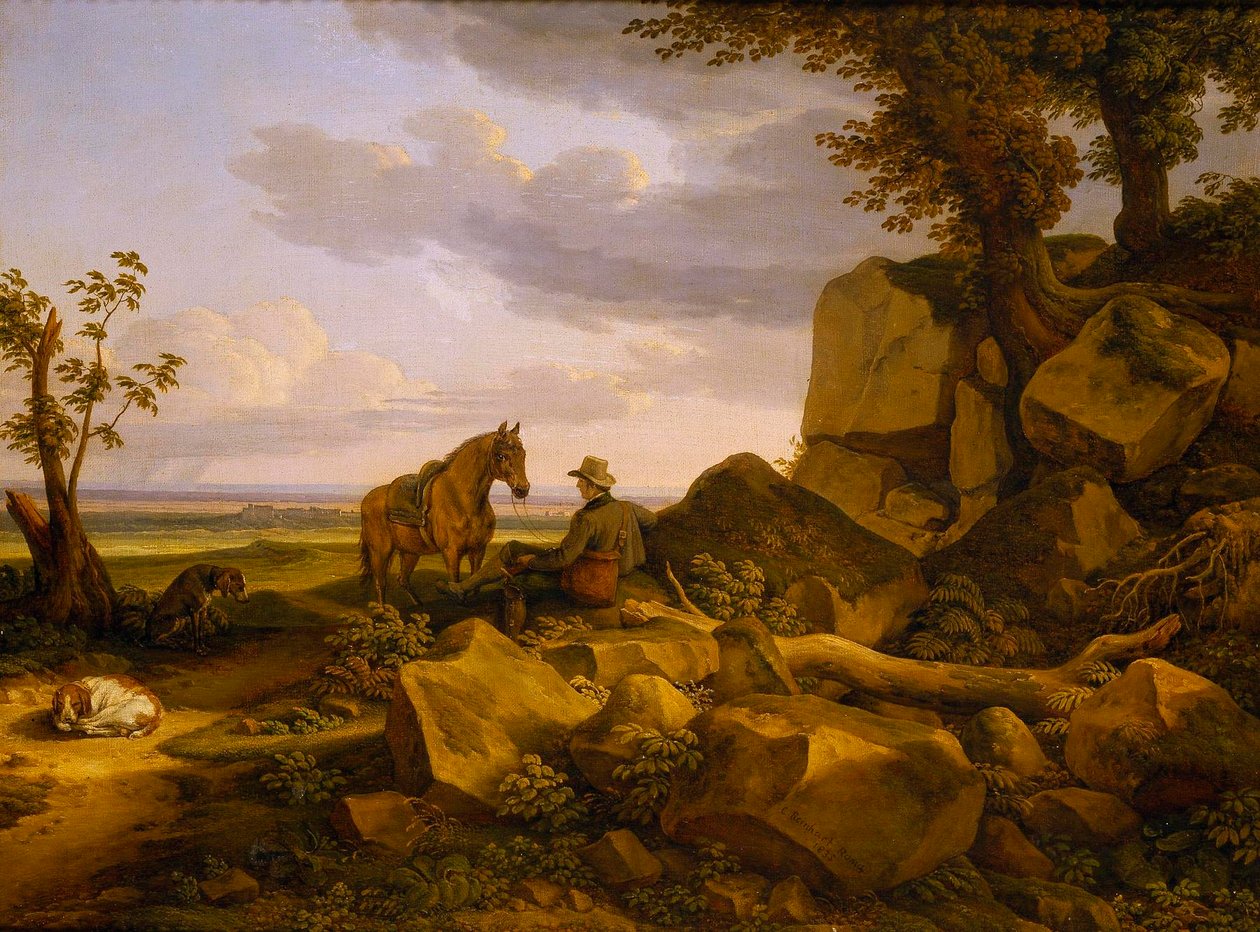 Italienskt landskap med vilande jägare, självporträtt av Johann Christian Reinhart
