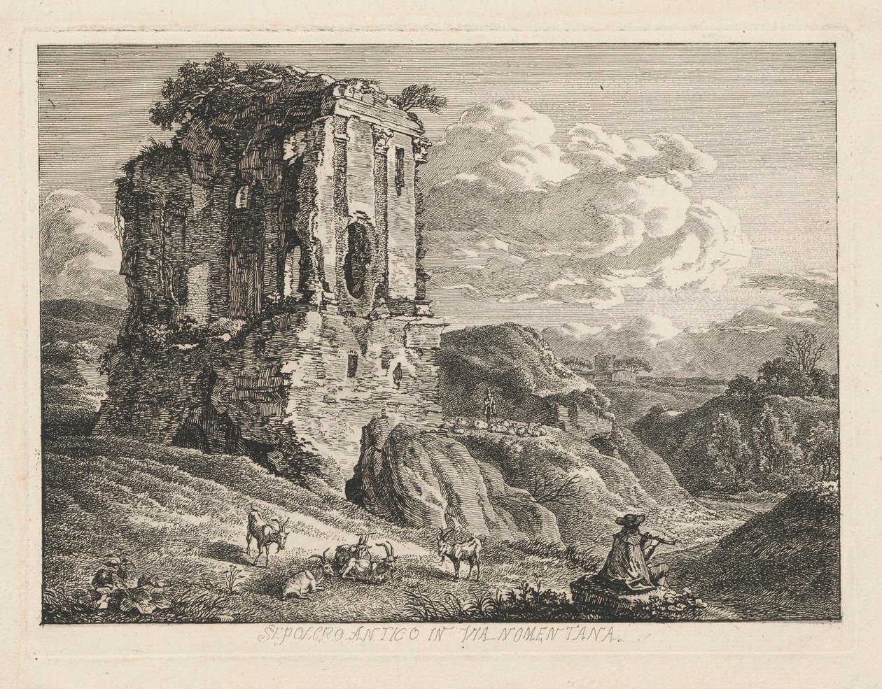 Landskap med en antik grav, till höger getter och en herde som spelar på en flöjt av Johann Christian Reinhart