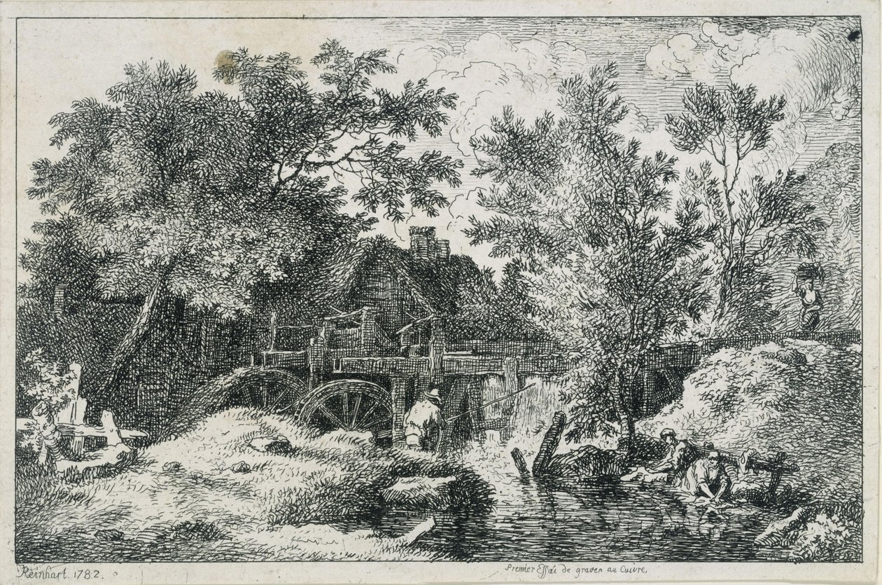 Landskap med vattenkvarn (första försöket med kopparstick) av Johann Christian Reinhart