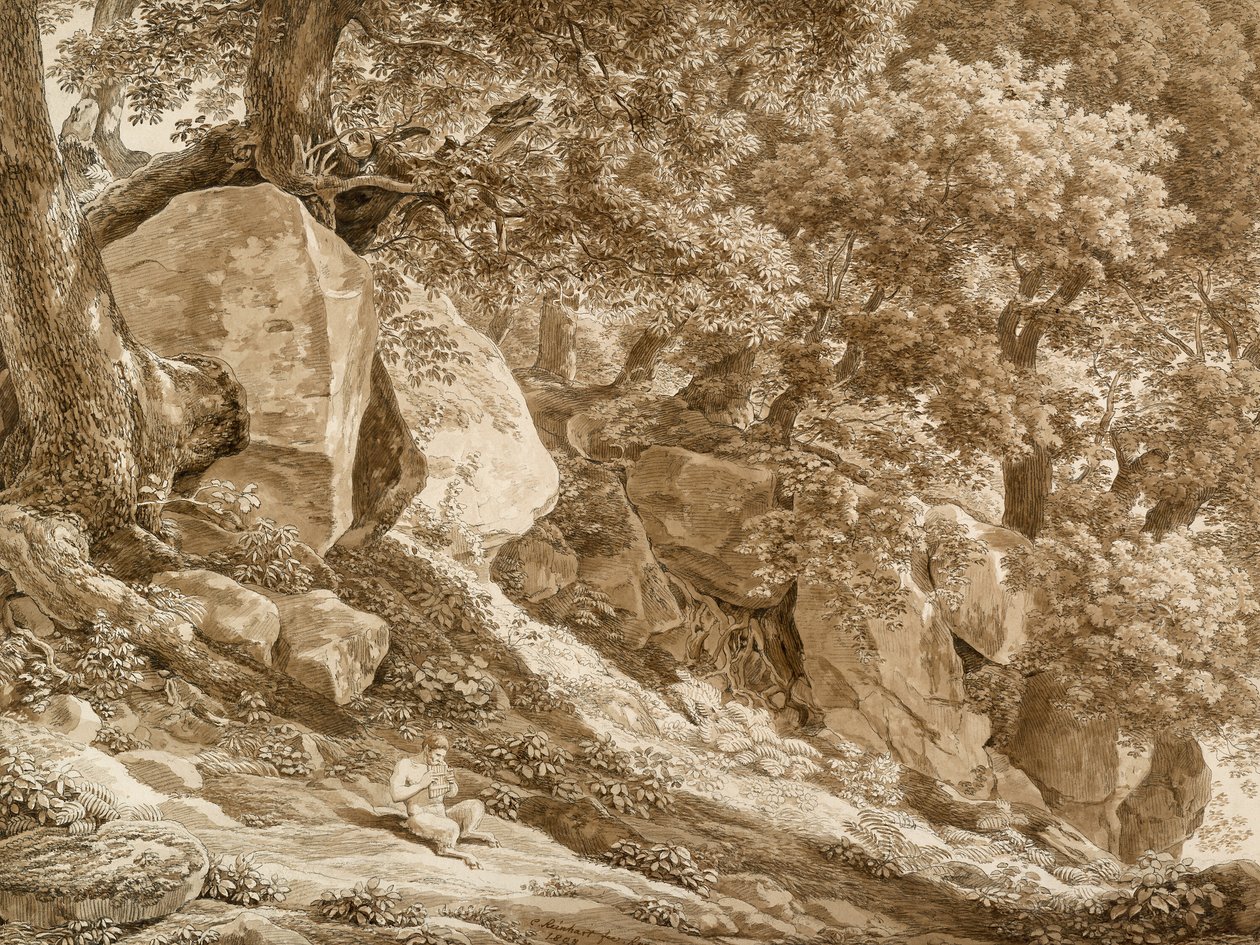 Stenigt landskap med panorera som spelar sin flöjt (In the Park of the Villa Chigi, Ariccia) av Johann Christian Reinhart