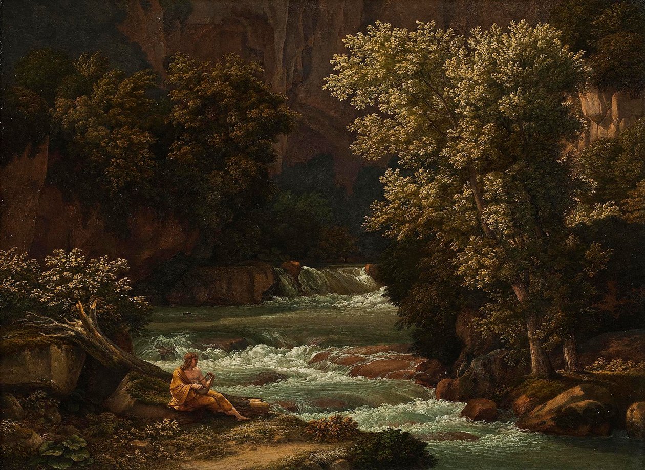 Vy över Ponte Lupo nära Tivoli, med en person som spelar lyra i förgrunden av Johann Christian Reinhart