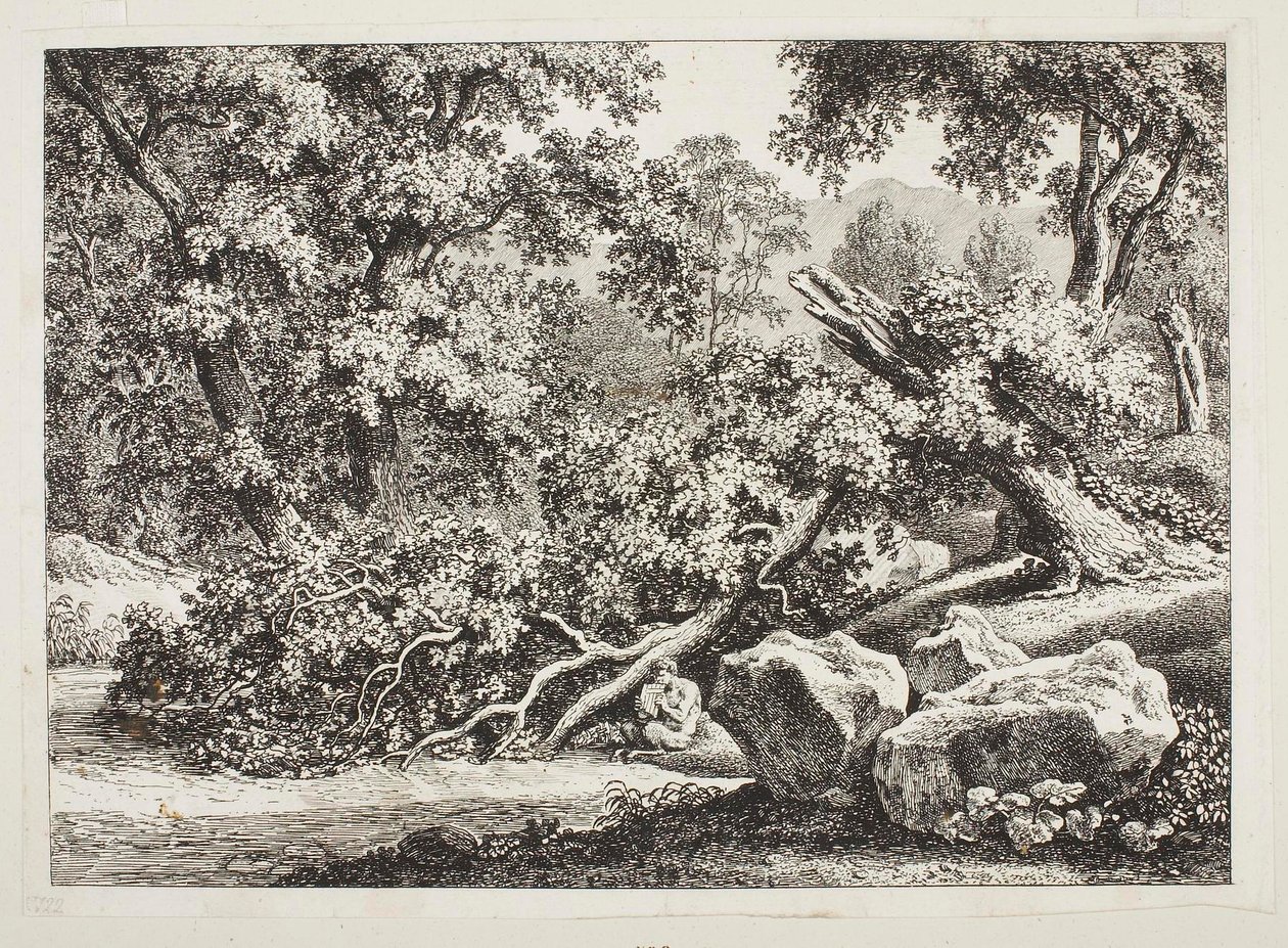 Skogsmiljö med en knäckt ek av Johann Christian Reinhart