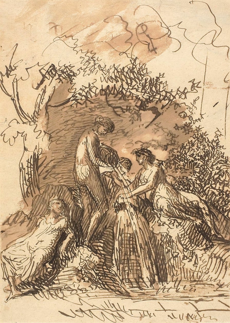 Unga flickor vid en fontän (recto); Fragment av Sketch of Legs (verso) av Johann Christian Reinhart