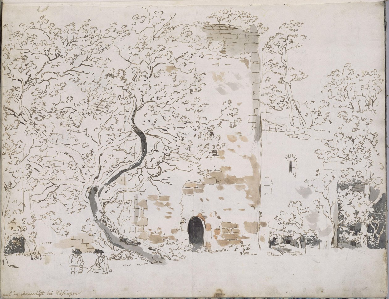Två tecknare framför ett slott bakom träd: på Maienlust nära Wasungen av Johann Christian Reinhart