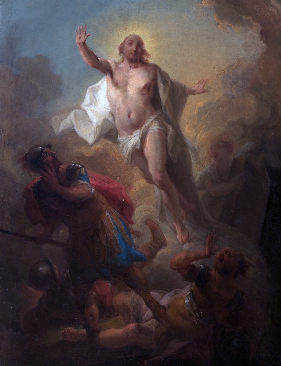 Kristus reser sig ur graven och romerska soldater som flyr (olja ombord) av Johann Christian Thomas (attr.to) Winck