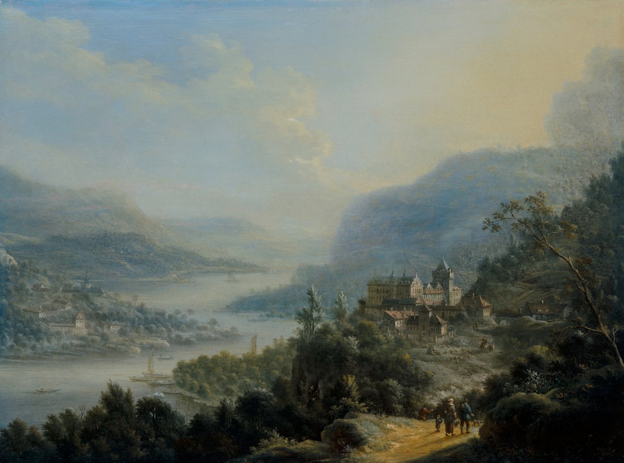 Ett vidsträckt rheinländskt landskap med resenärer på en väg vid ett slott av Johann Christian Vollerdt or Vollaert