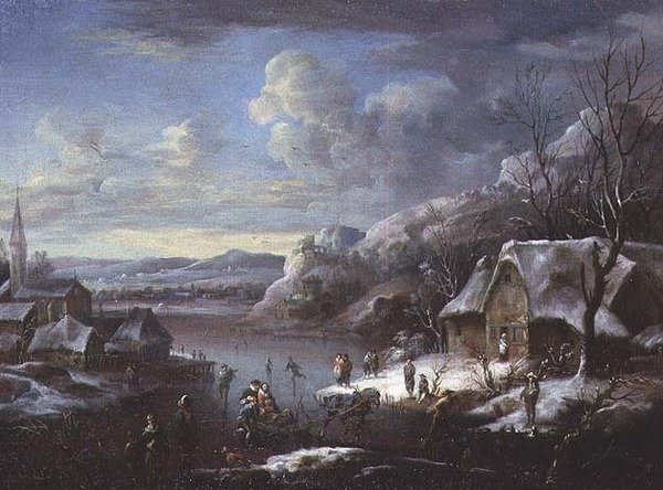 Vinterscen med många figurer av Johann Christian Vollerdt or Vollaert
