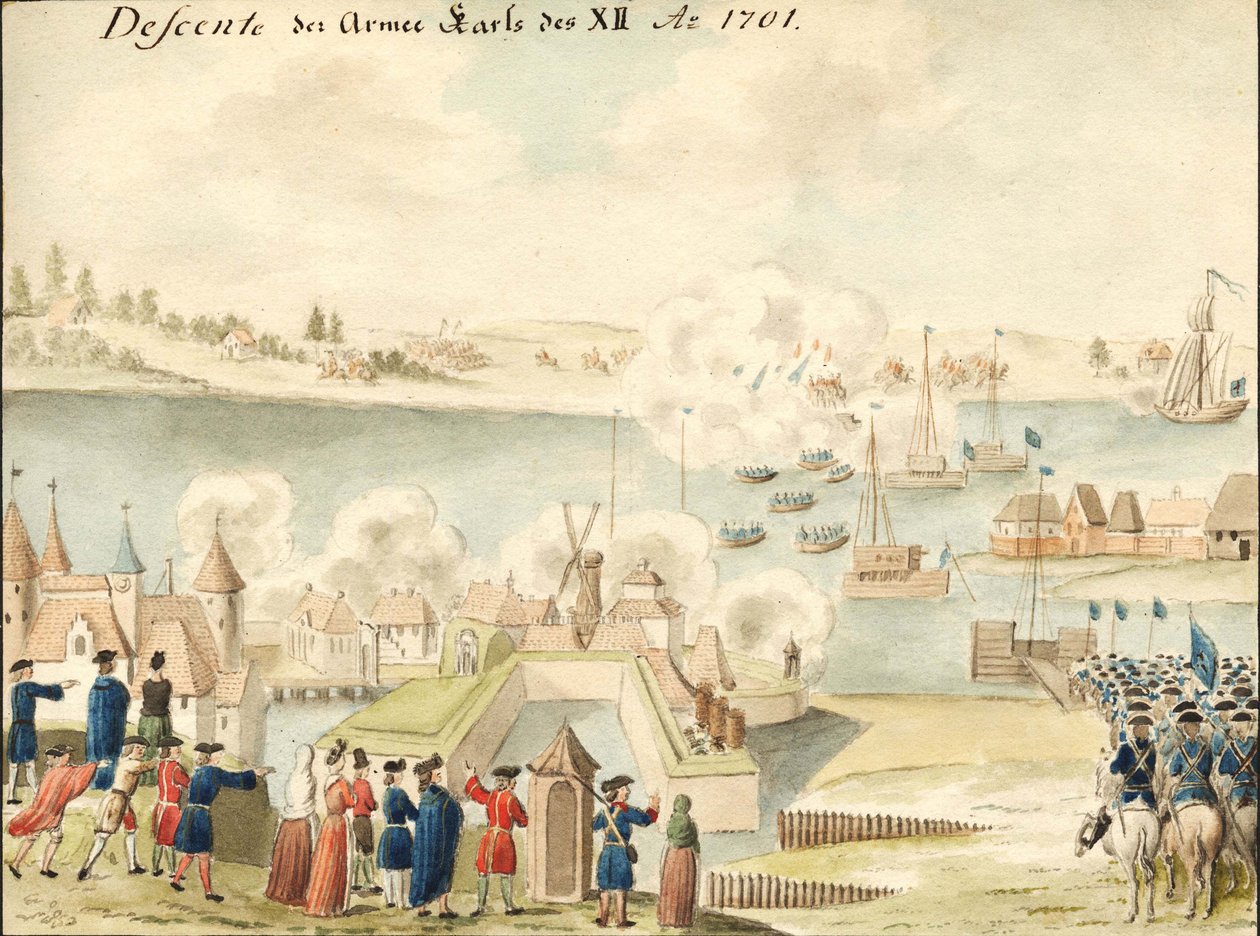 Karl XII korsar Düna 1701, 1770-1780-talen av Johann Christoph Brotze