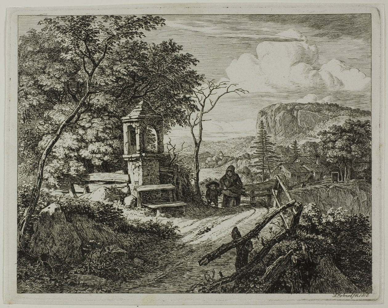 Träsamlare med en pojke, tallrik två från The Two Large Landscapes with the Prayer Pillars av Johann Christoph Erhard