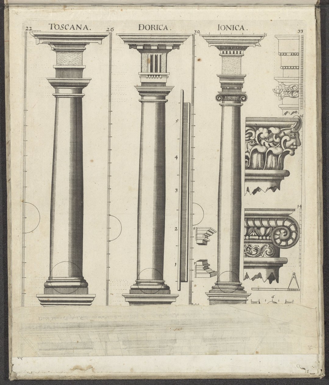 Tre kolonner av de toskanska, doriska och joniska orden Toscana / Dorica / Ionica (titel på objekt) Funf Ordnungen der Architektur (serietitel) av Johann Christoph Feinlein