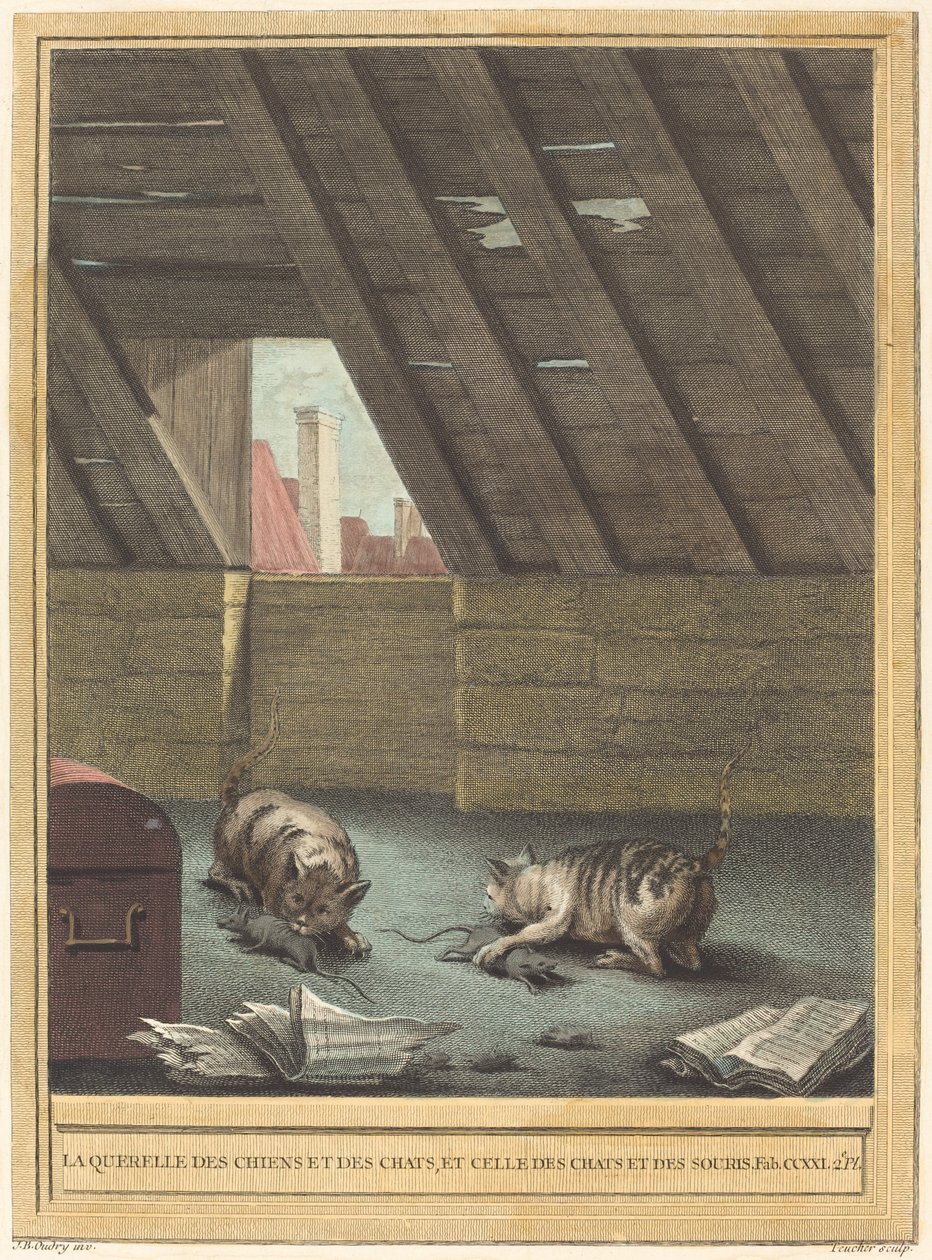Bråket mellan katter och hundar, och det mellan katter och möss av Johann Christoph Teucher after Jean Baptiste Oudry