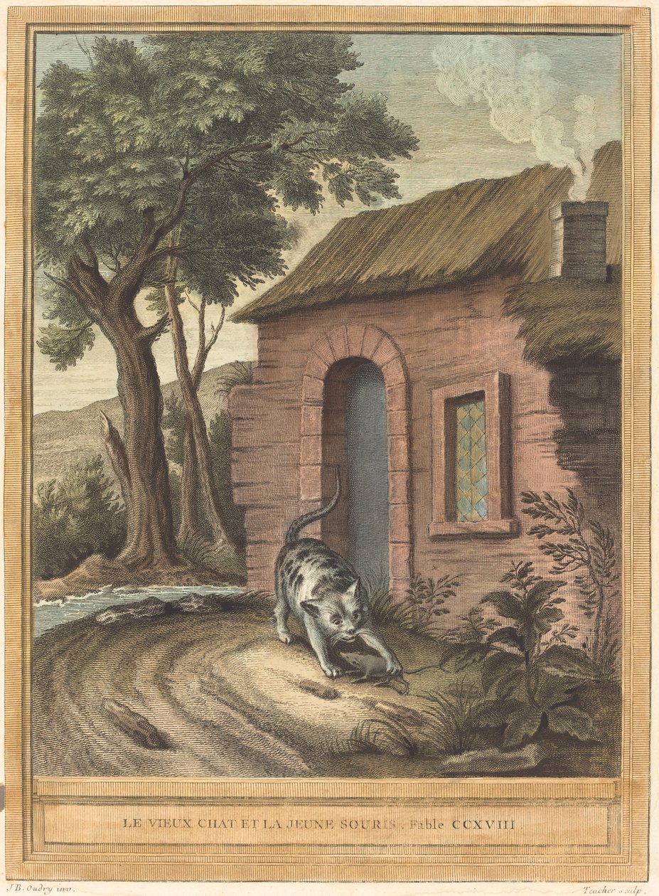 Den gamla katten och den unga musen av Johann Christoph Teucher after Jean Baptiste Oudry