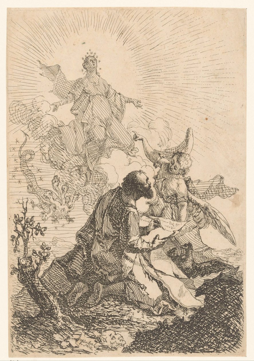 Johannes har en vision på Patmos där den heliga jungfrun dödar den sjuhövdade draken av Johann Cimbal
