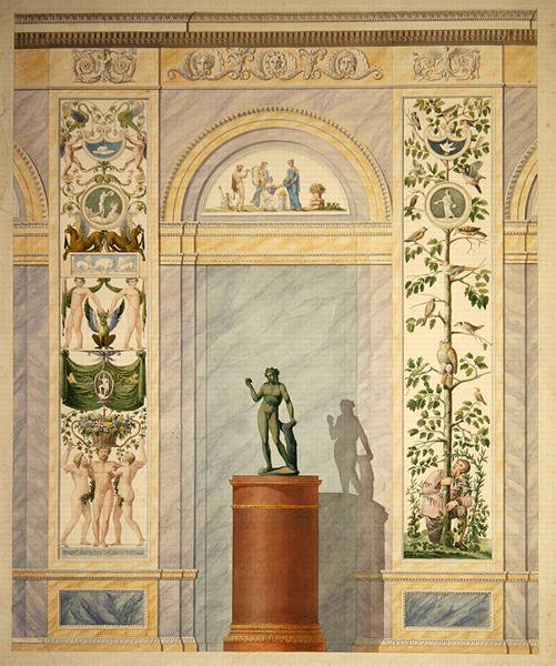 Ritning av dekorationen för den bakre väggen i Slottets matsal i Kassel (penna & akvarell på papper) av Johann Conrad Bromeis