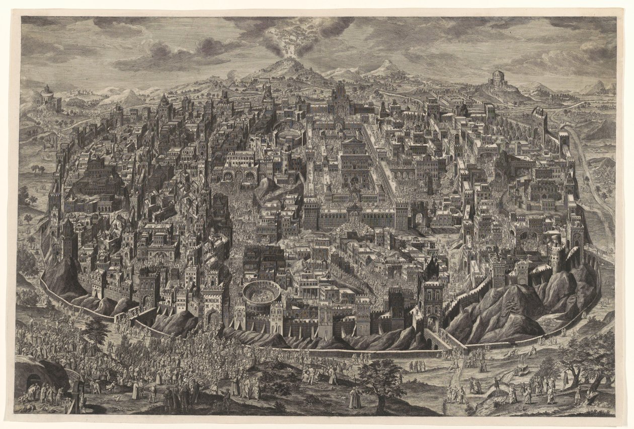 Översiktskarta i fågelperspektiv över Jerusalem med representationer av Kristi lidande av Johann Daniel Herz (I)