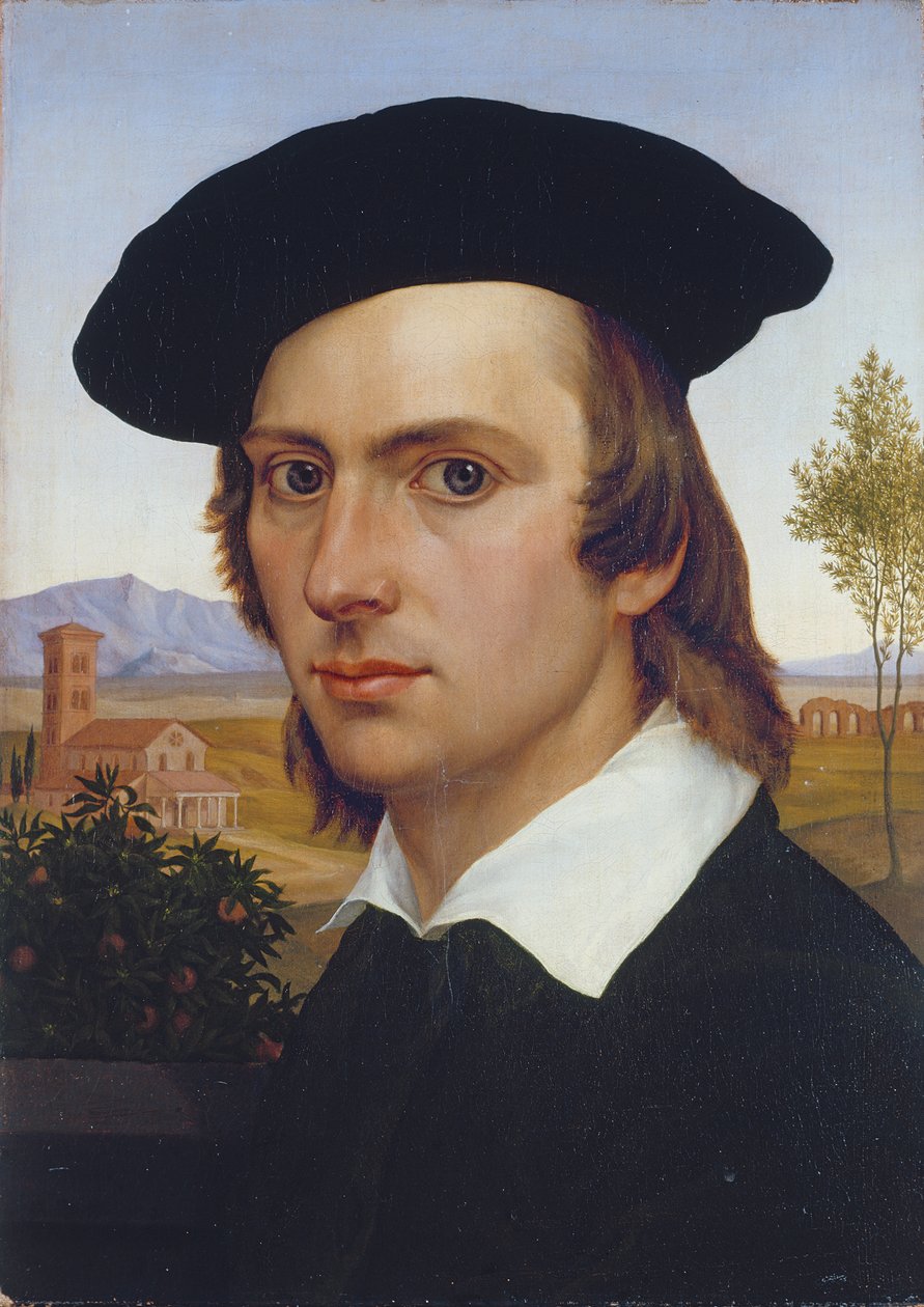 Självporträtt med basker framför ett romerskt landskap av Johann David Passavant