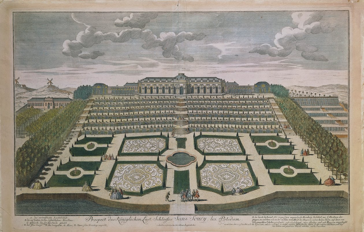 Perspektivvy av slottet Sanssouci, Potsdam, Tyskland av Johann David Schleuen