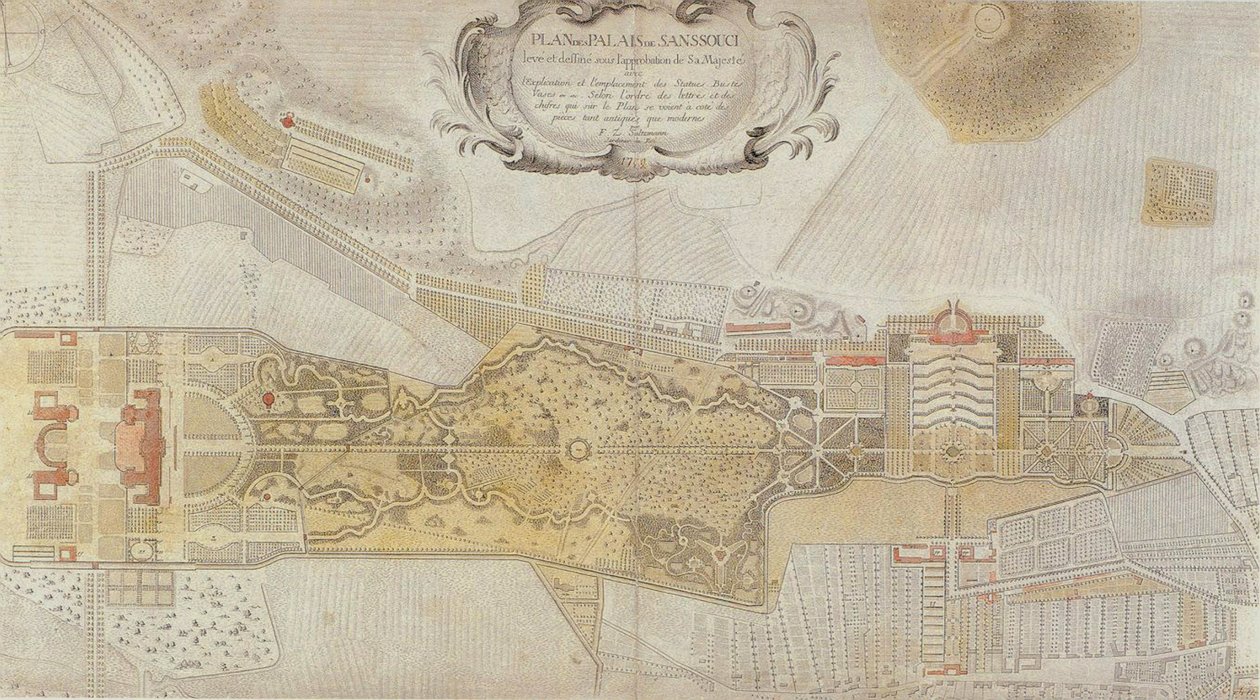 Plan över Frederician Park of Sanssouci i Potsdam, 1772 av Johann David Schleuen