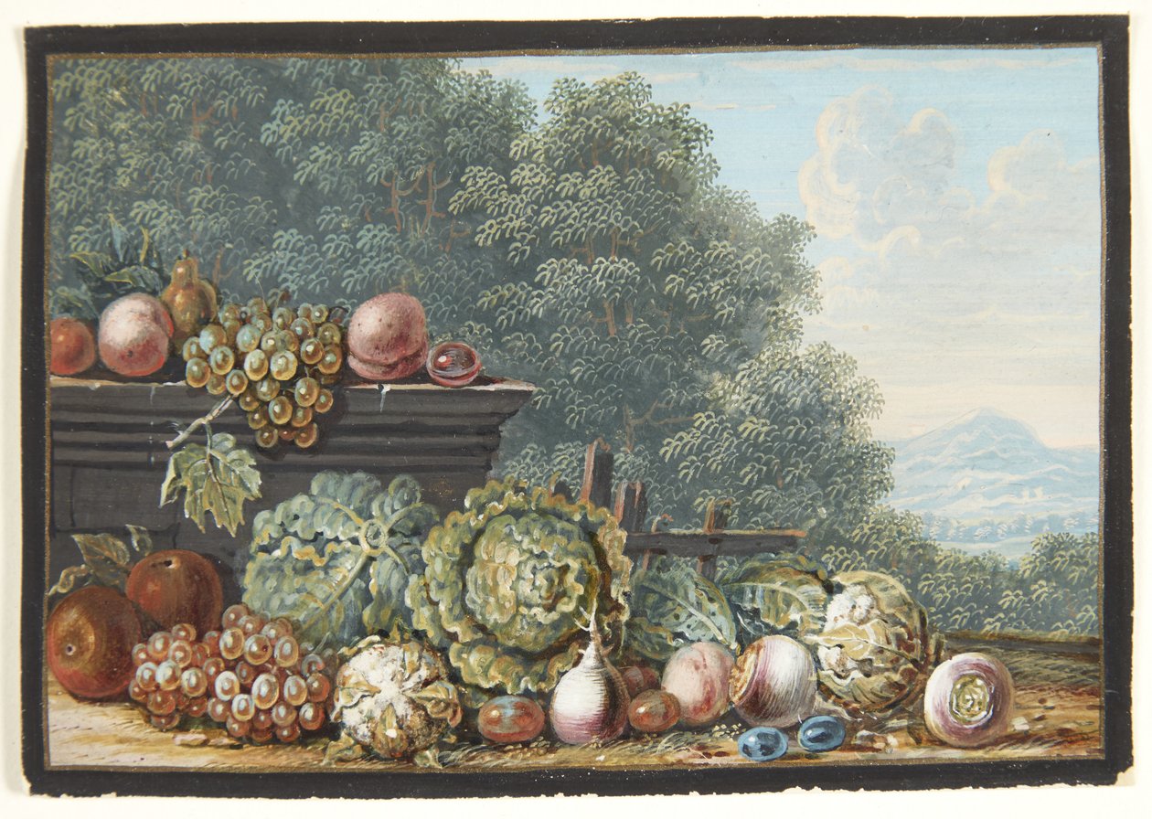 Ett stilleben med grönsaker och frukt. I bakgrunden en vy över ett sydligt fjälllandskap av Johann Dietzsch