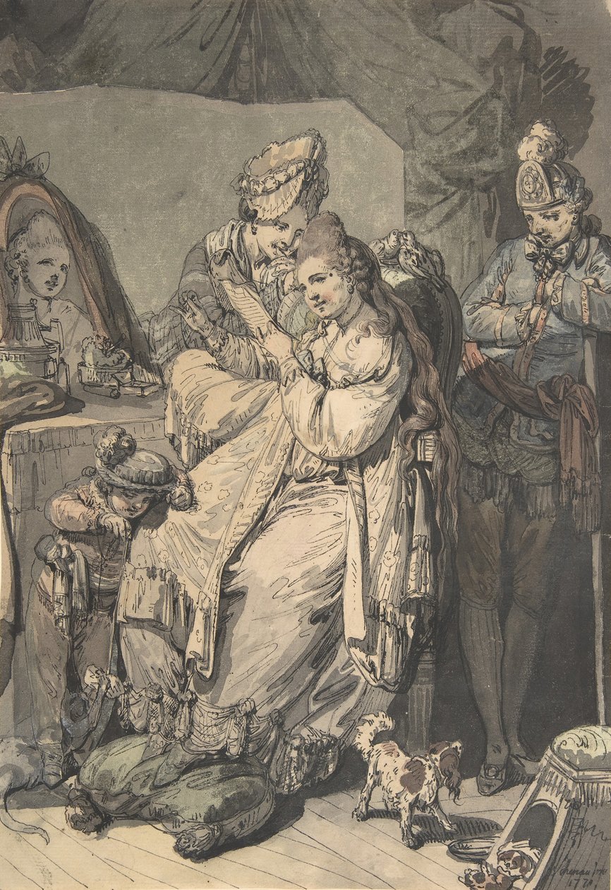 En kvinna vid hennes toalett med en piga, en pojke, en hund och en ung soldat, tergo: A Sketch..., 1770. av Johann Eleazar Schenau