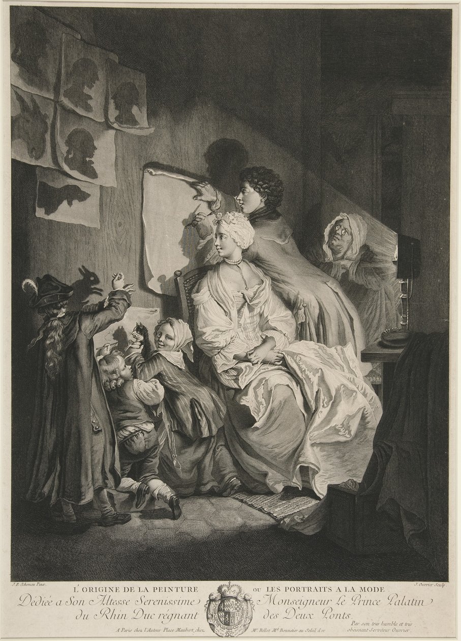 Ursprunget till målning, eller fashionabla porträtt; pub. 1767 av Johann Eleazar Schenau