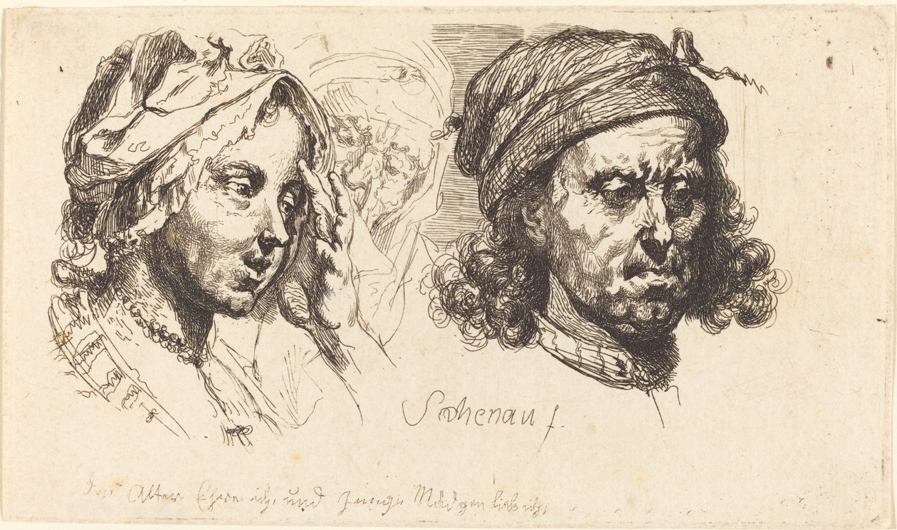 Ung kvinna, gammal kvinna och man med långt hår av Johann Eleazar Schenau