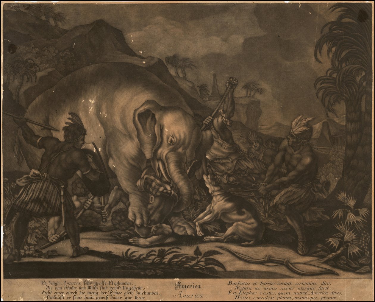 Ca. 1770 allegorisk mezzotint av Amerika av Johann Elias Ridinger