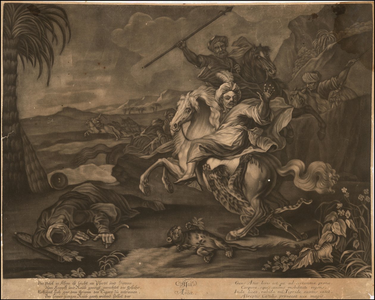 Ca. 1770 allegorisk mezzotint av Asien av Johann Elias Ridinger