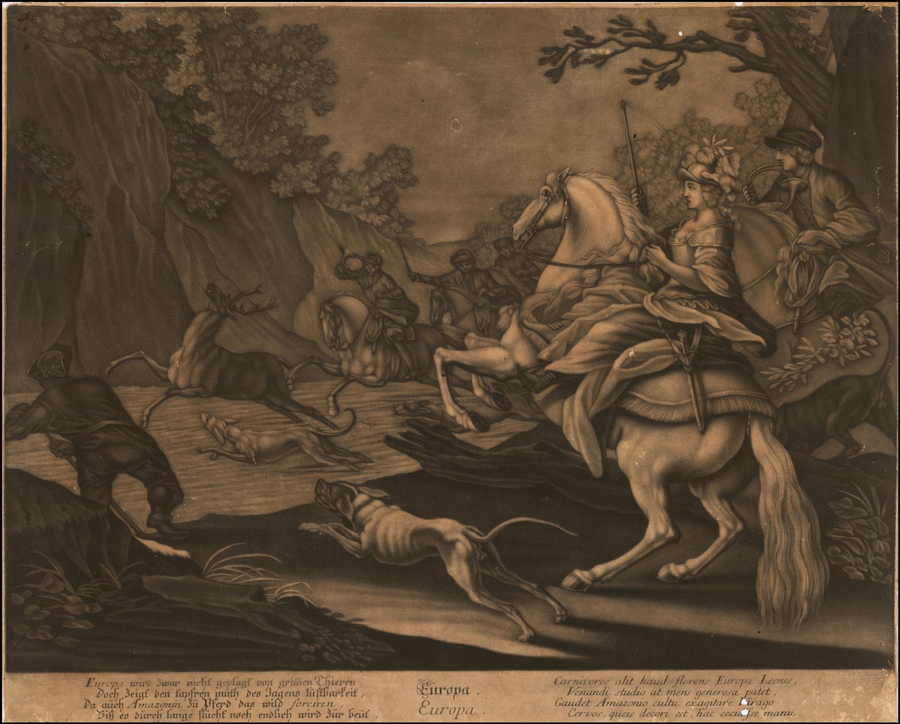 Ca. 1770 allegorisk mezzotint av Europa av Johann Elias Ridinger