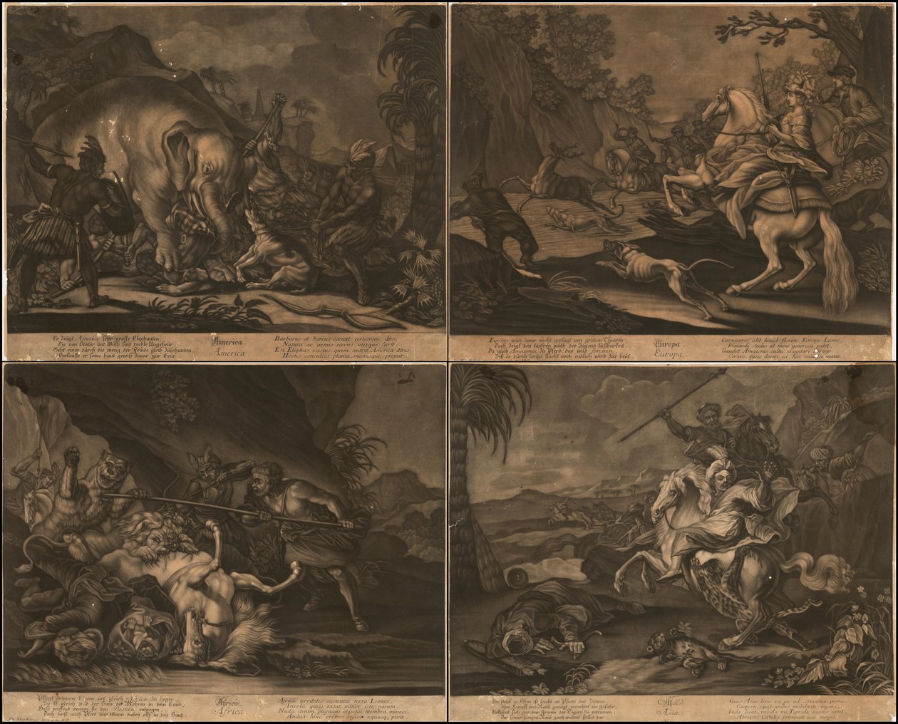 Ca. 1770 allegoriska mezzotintor av Afrika, Asien, Amerika och Europa på en sida av Johann Elias Ridinger