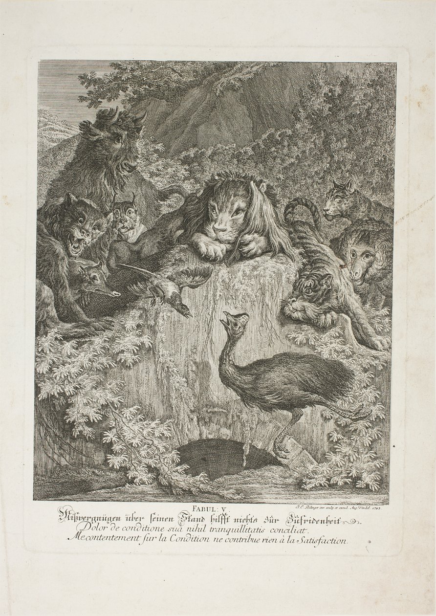 Fable V, tallrik fem från Instructive Fables of the Realm of Theire av Johann Elias Ridinger