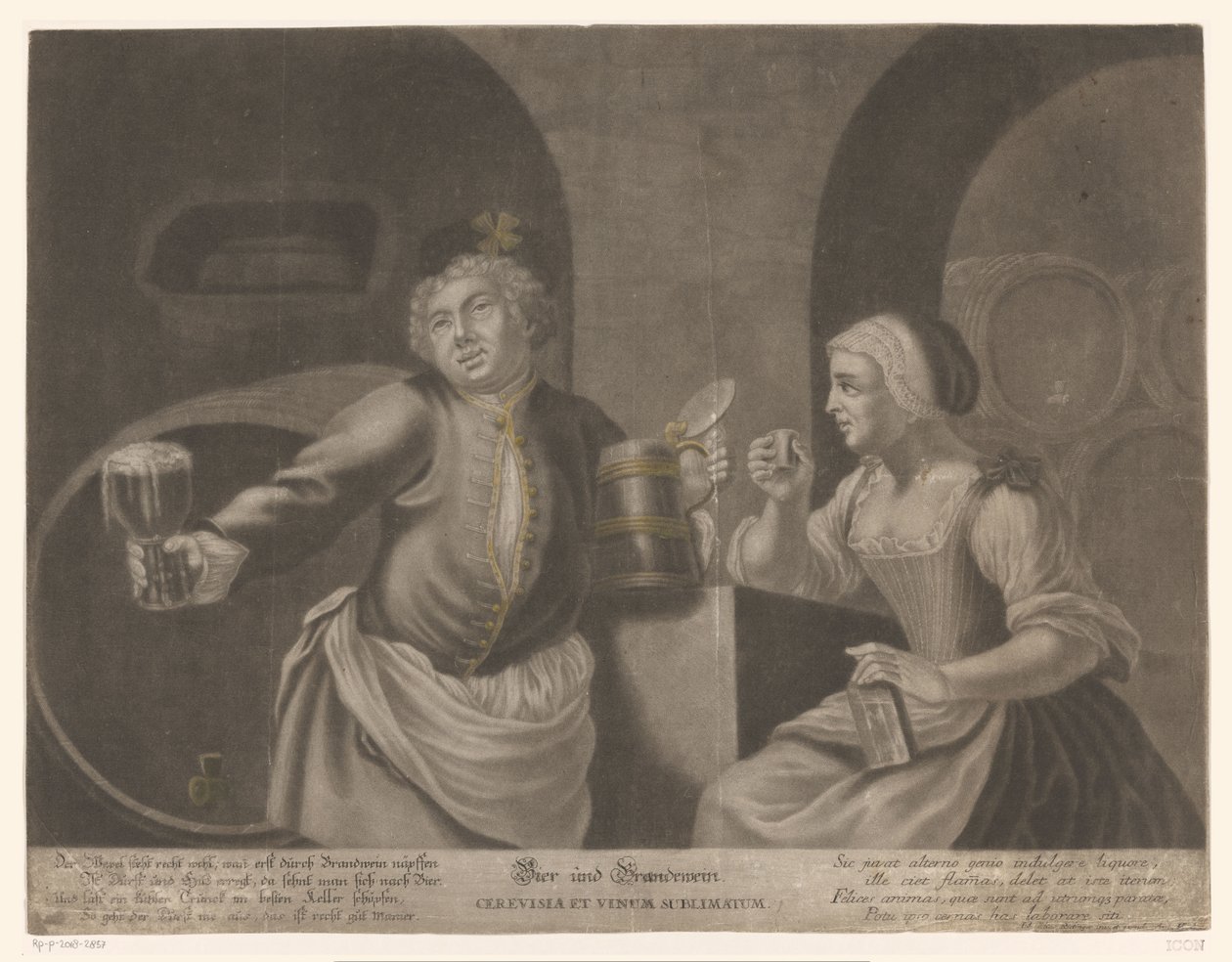 Man och kvinna dricker öl och konjak Öl och Brandewein / Cerevisia et vinum sublimatum av Johann Elias Ridinger