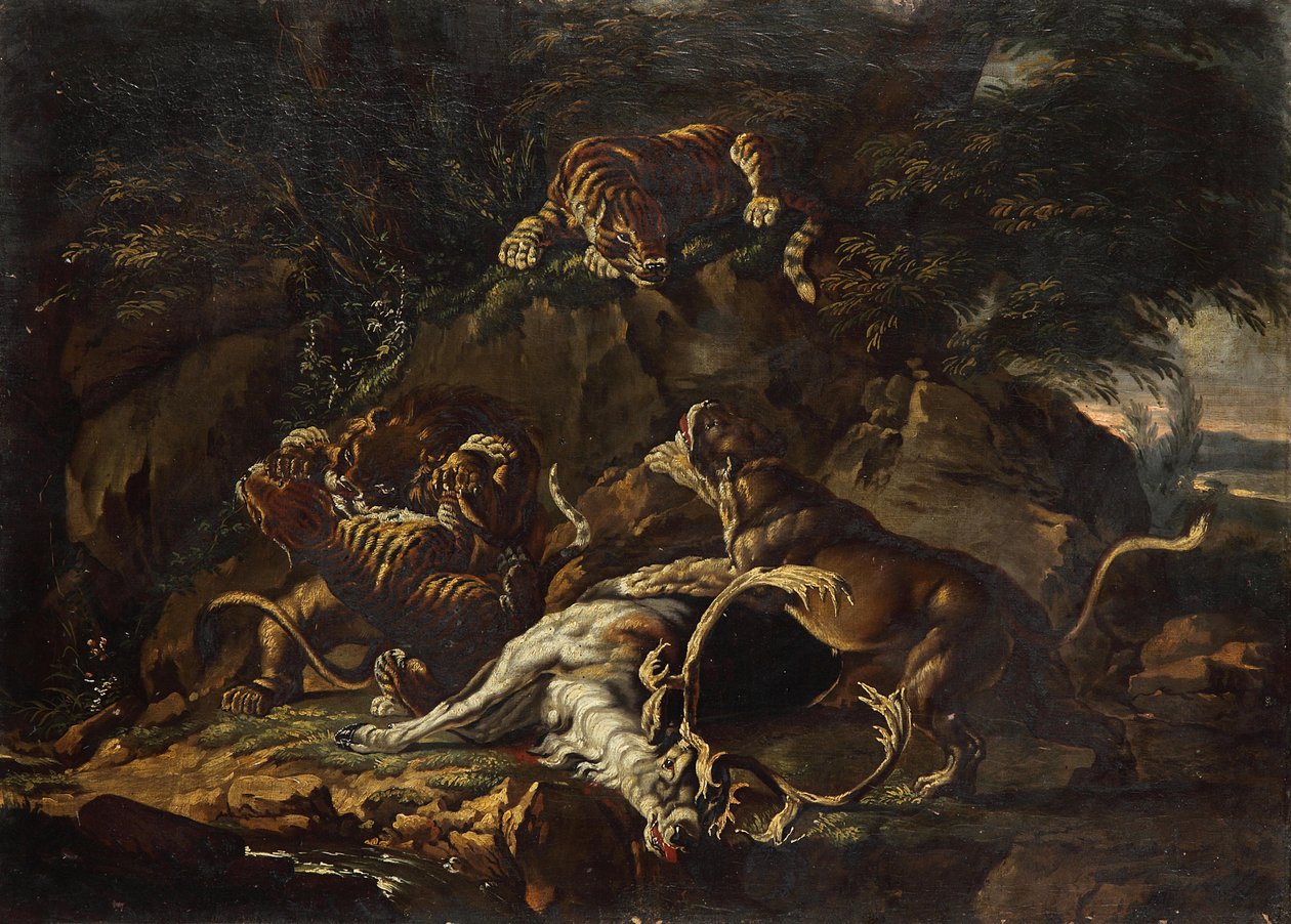 Rovdjur och en söndersliten hjort av Johann Elias Ridinger