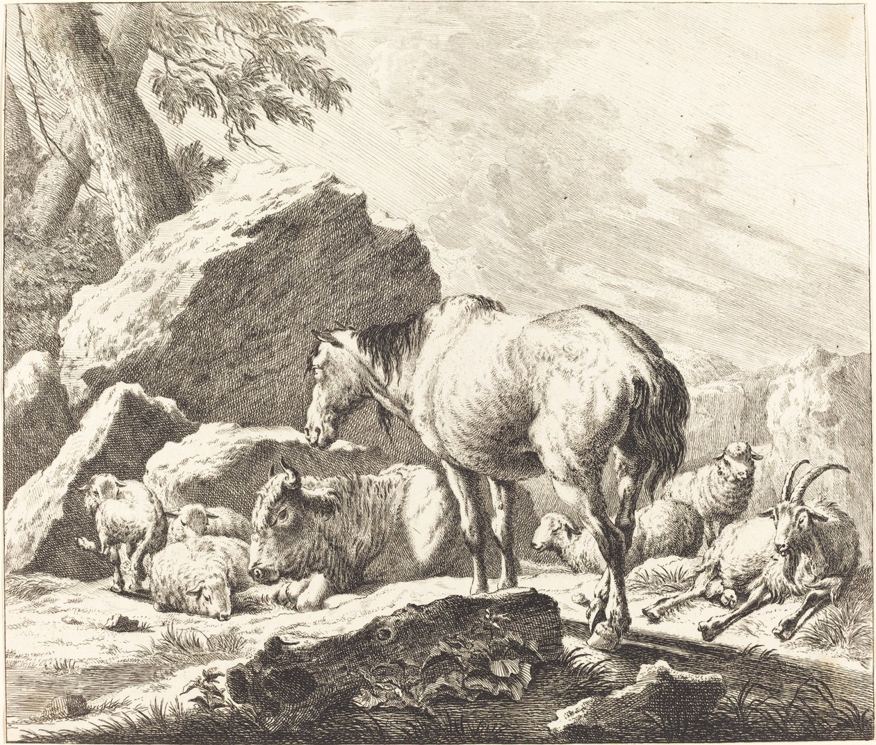 En häst, buffel, får och get i ett italienskt landskap av Johann Elias Ridinger after Johann Heinrich Roos