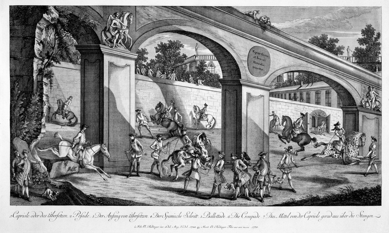 Hästar som tränar för kavalleritjänst, från "Le Nouveau Manege", 1776 av Johann Elias Ridinger or Riedinger