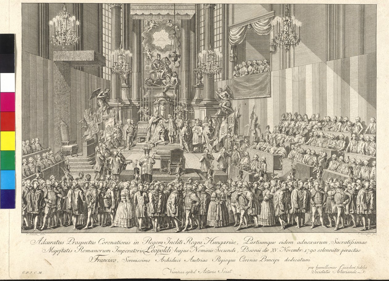 Kröning av kejsar Leopold II till kung av Ungern i Bratislava den 15 november 1790 (kopparstick) av Johann Ernst Mansfeld