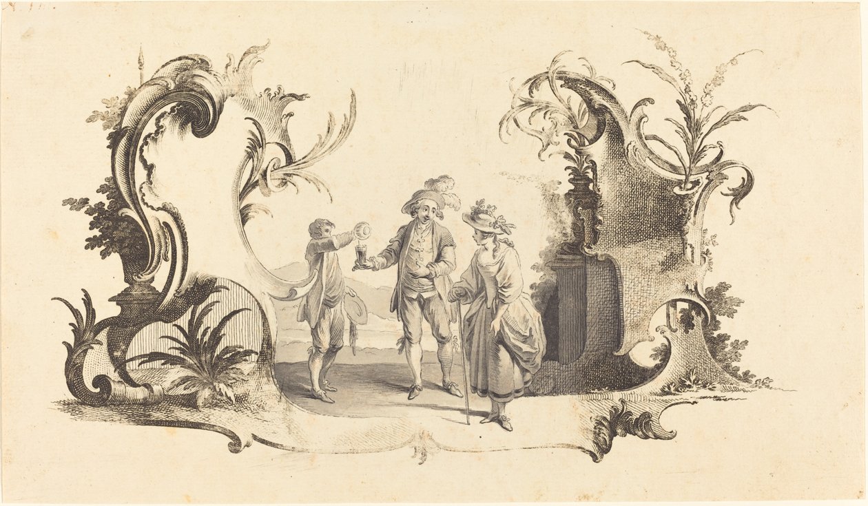 Cartouche Moderne med ett ungt par som serveras vin av Johann Esaias Nilson