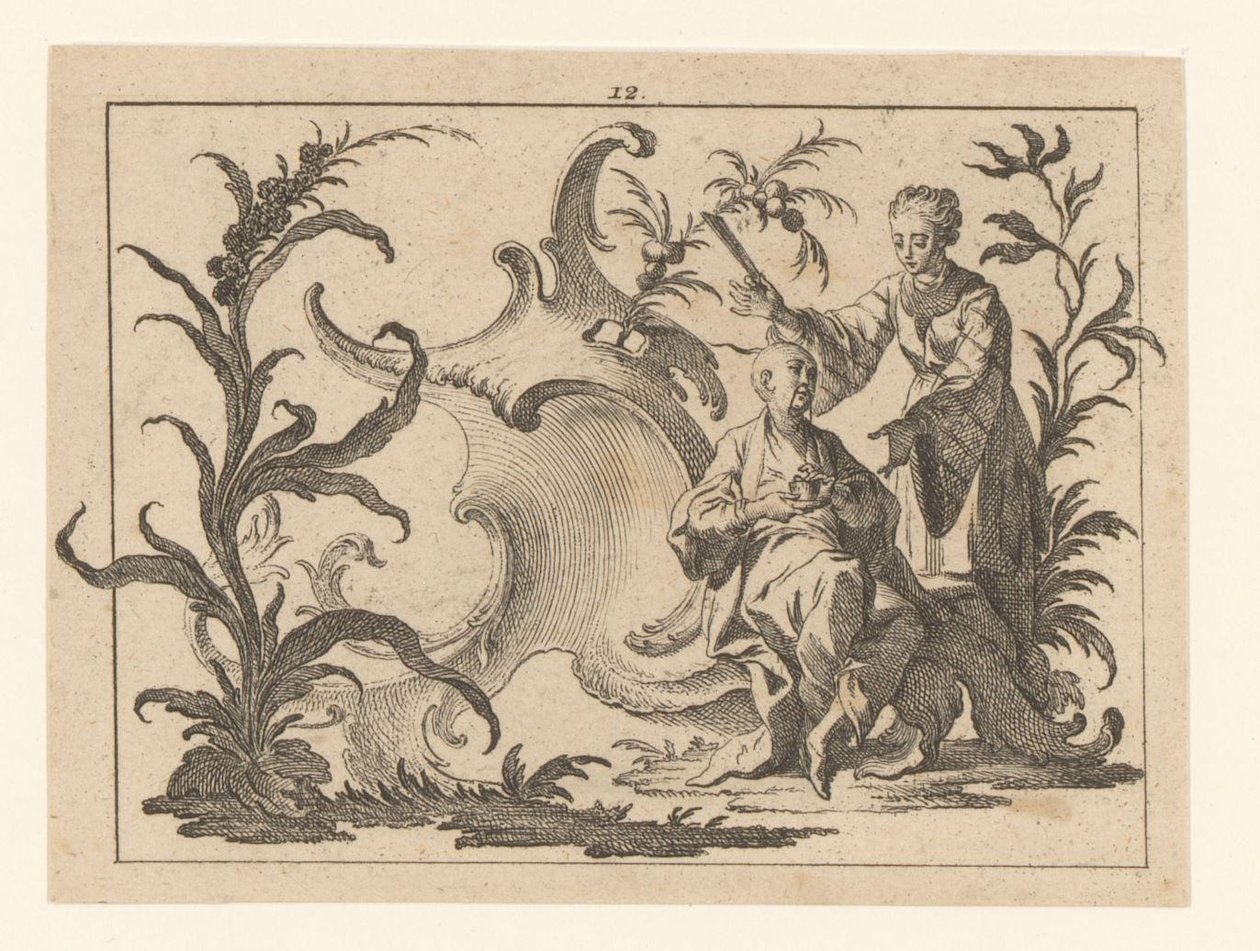 Kines med kopp och fat sittande i en rokokostrydnad, bredvid honom står en kvinna med solfjäder Smokers on rokoco ornament (serietitel) av Johann Esaias Nilson