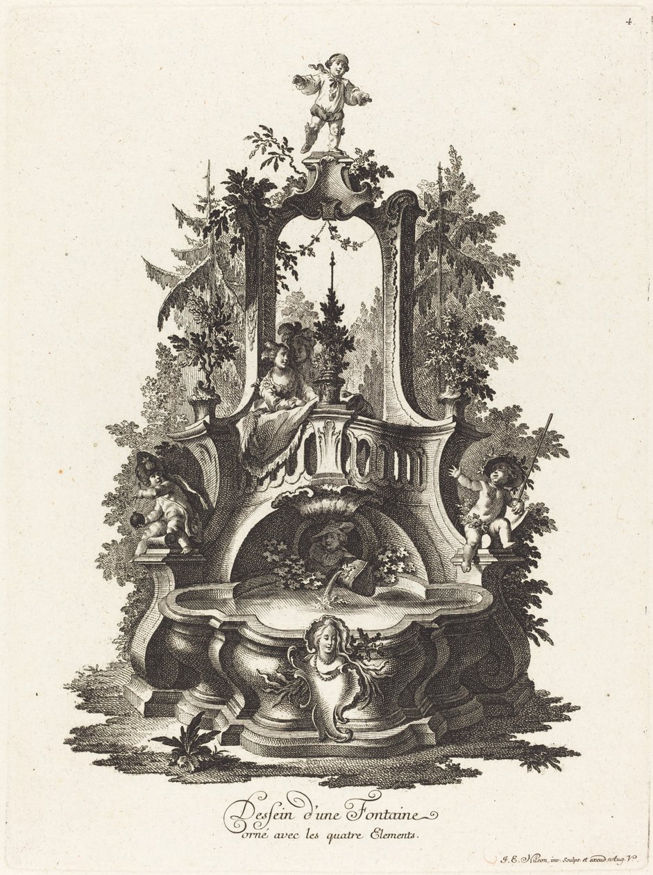 Design för en fontän dekorerad med de fyra elementen av Johann Esaias Nilson