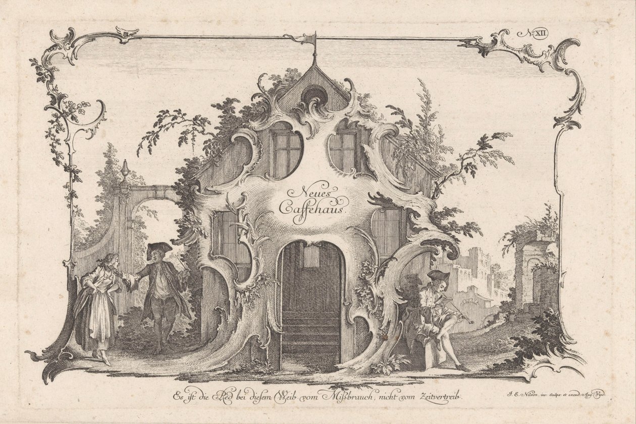 Kaffestuga med grälande par Neues Caffehaus (titel på objekt) Sociala aktiviteter (serietitel) av Johann Esaias Nilson