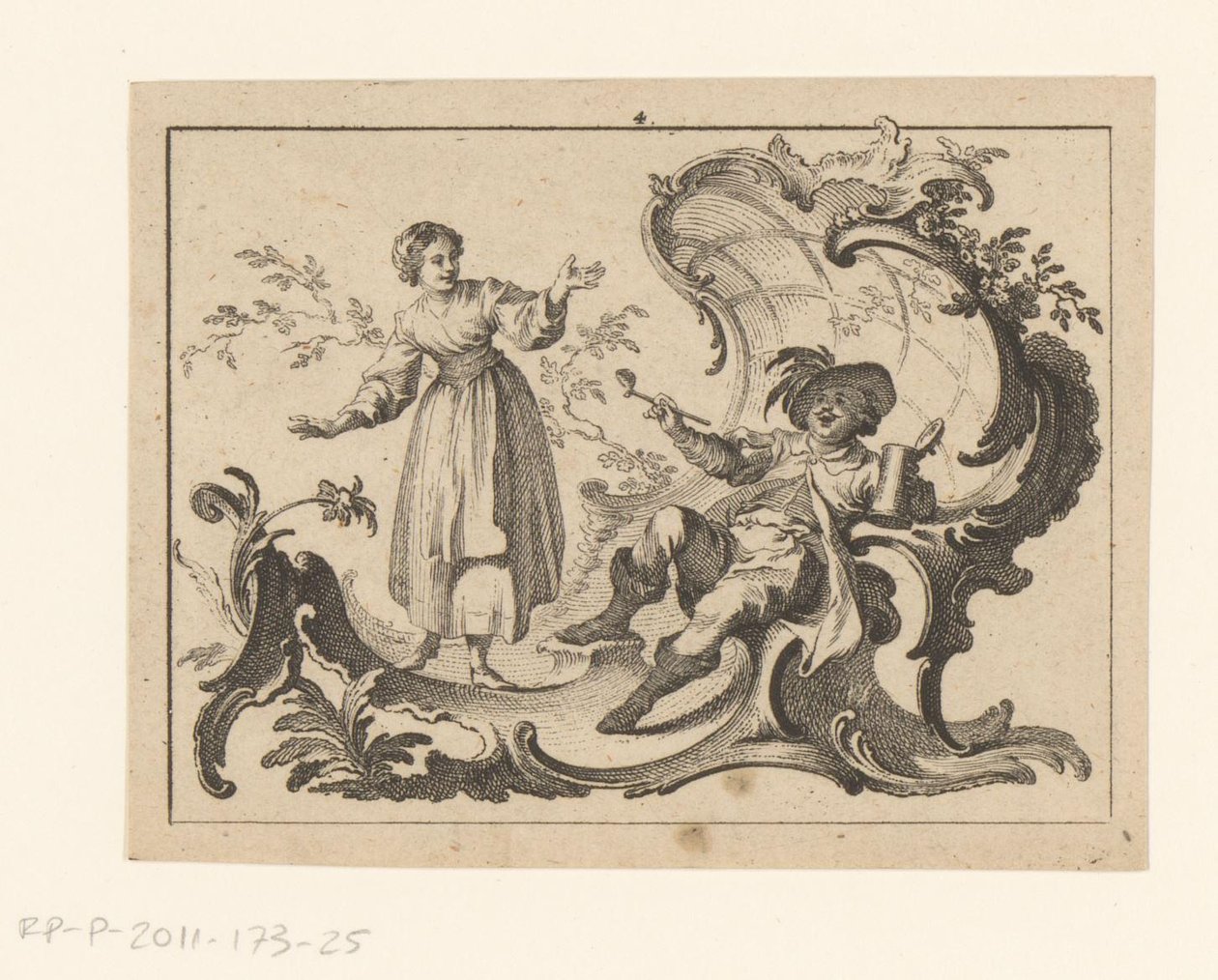 Piprökning och drickande man sittande på en rokokostrydnad Smokers on rokoco ornament (serietitel) av Johann Esaias Nilson