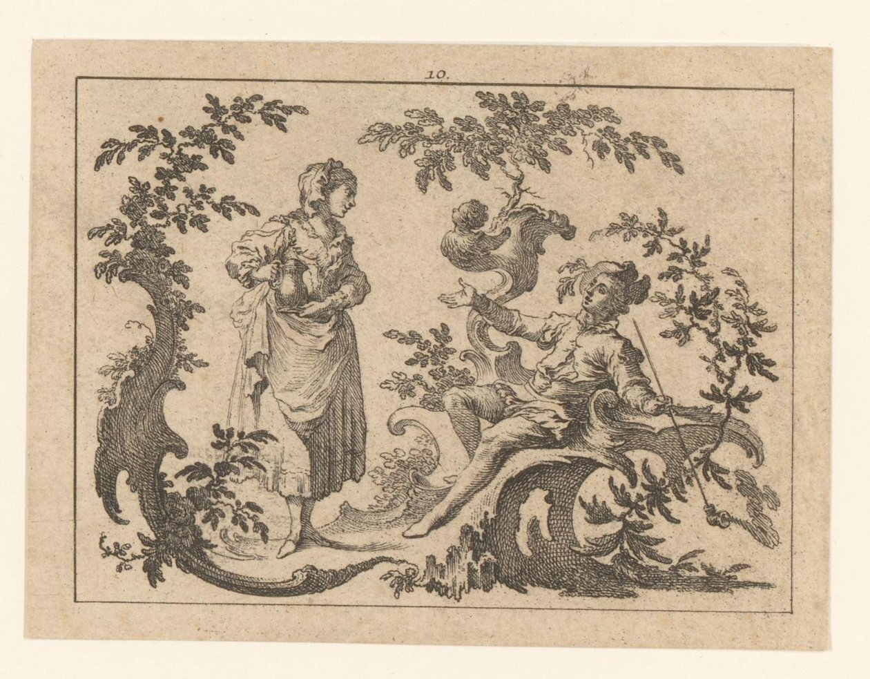 Piprökning sittande man, bredvid honom en stående kvinna med en kanna på en rokokostrydnad Smokers on rokoco ornament (serietitel) av Johann Esaias Nilson