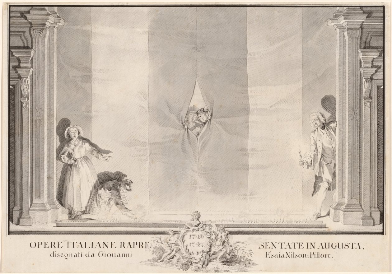 Två skådespelare kikar genom en teatergardin medan andra förbereder fotljuset av Johann Esaias Nilson