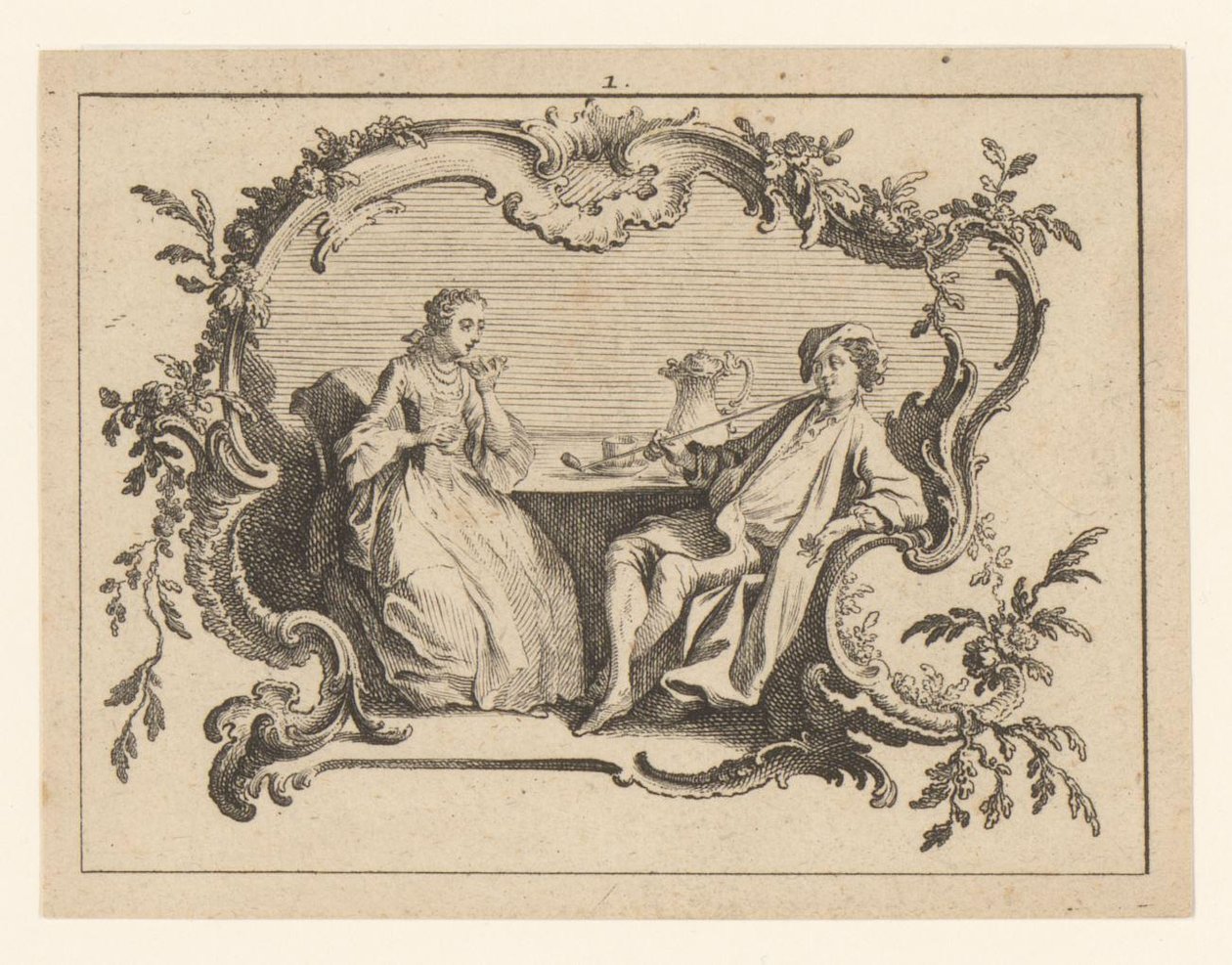 Kvinna och piprökande man vid ett bord i en kartusch Smokers on rokoco ornament (serietitel) av Johann Esaias Nilson