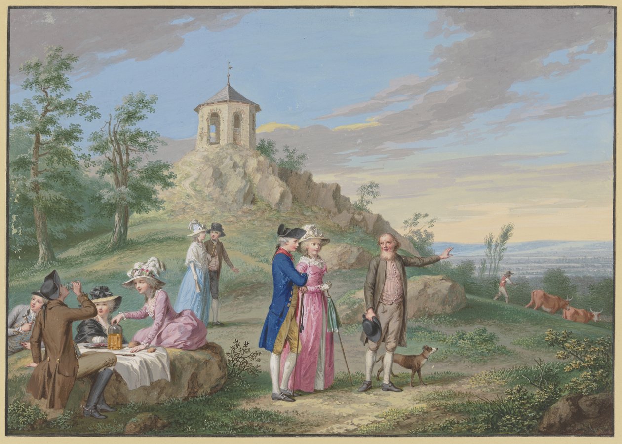 Ett sällskap av damer och herrar som vilar utomhus vid foten av en kulle med ett litet tempel, medan en guide visar landskapet för ett ungt par av Johann Friedrich August Tischbein