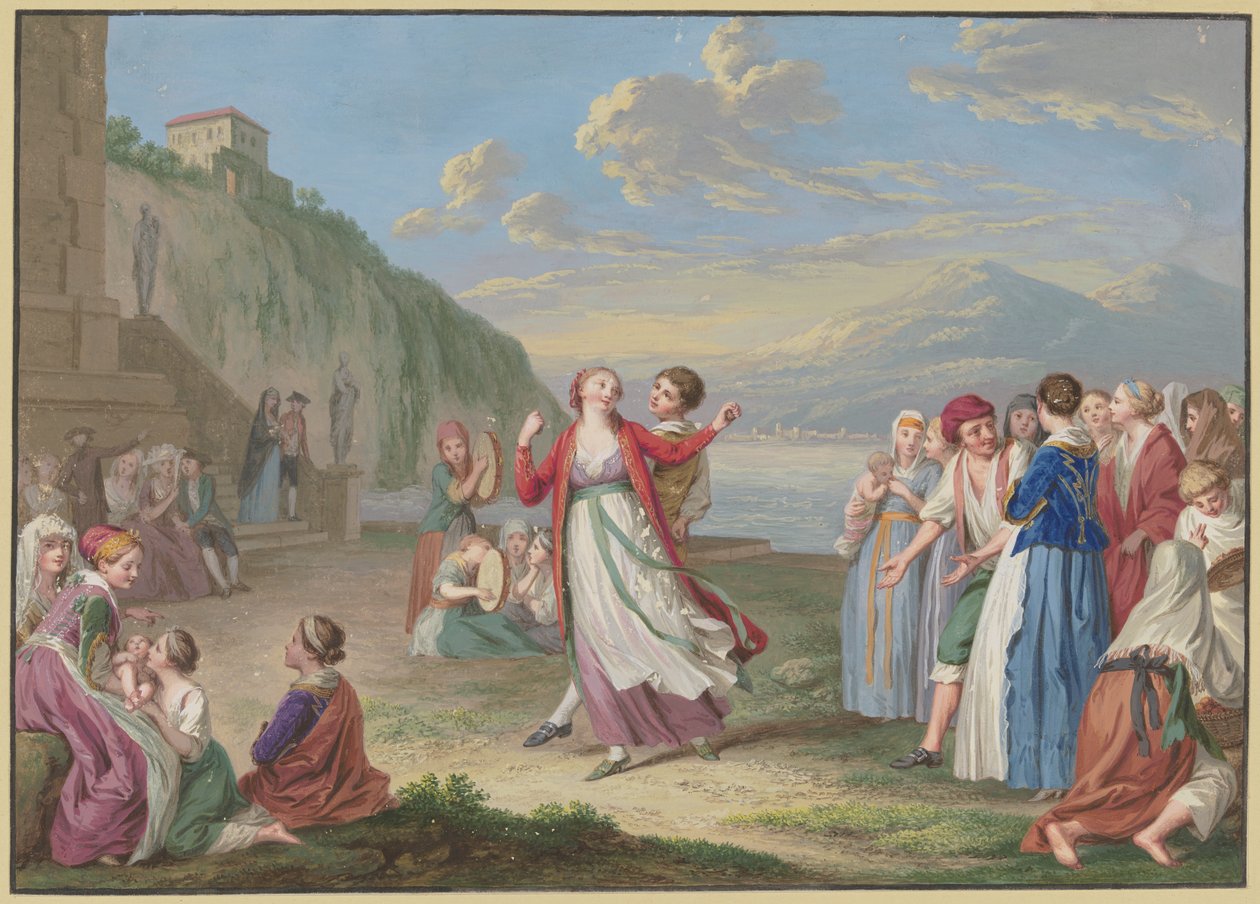 Italienska lantbor roar sig med lek och dans vid sjöstranden, med höga berg i bakgrunden av Johann Friedrich August Tischbein