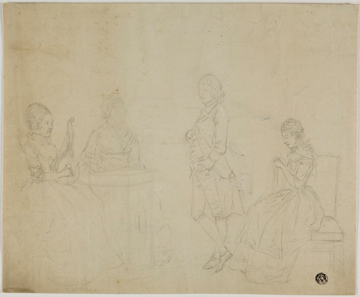 Skiss över familjegruppen med tre sittande kvinnor och stående ung man av Johann Friedrich August Tischbein