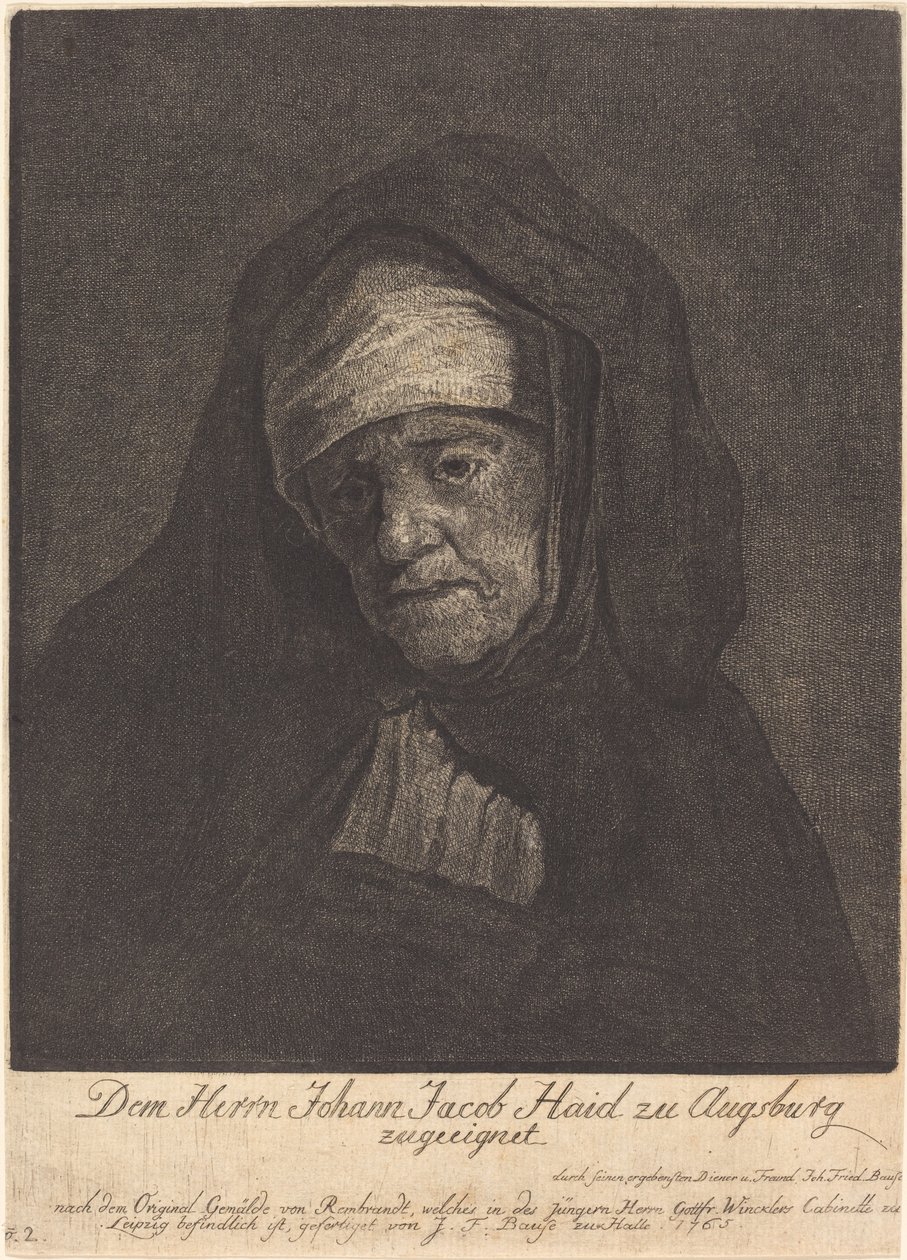 Chef för en åldrad kvinna av Johann Friedrich Bause after Rembrandt van Rijn