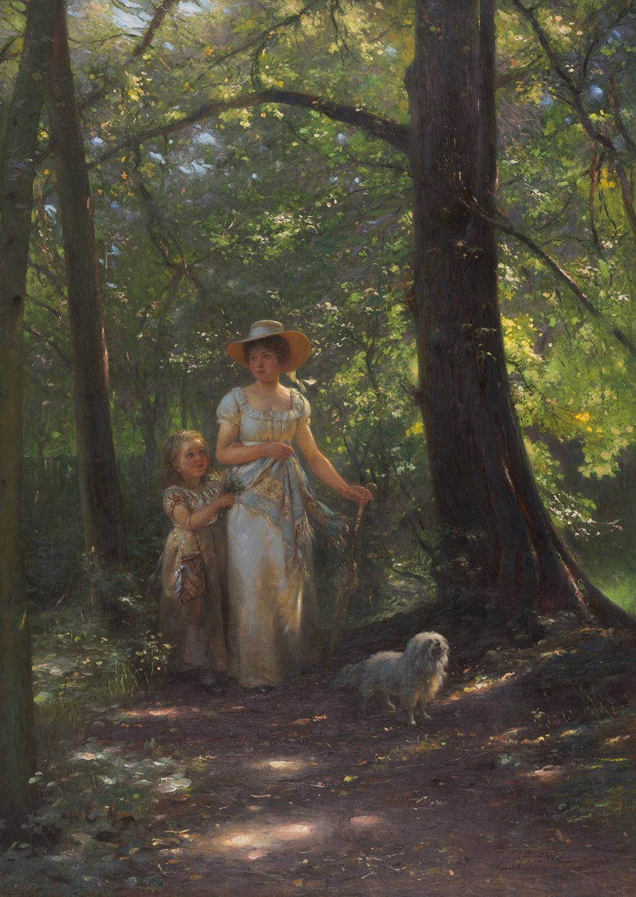 Dam med en hund i bokskogen av Johann Friedrich Engel