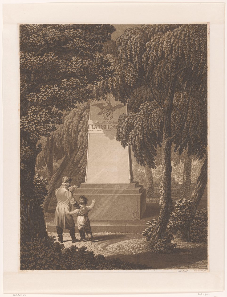Man med ett barn framför ett monument över en fallen arméofficer av Johann Friedrich Frick